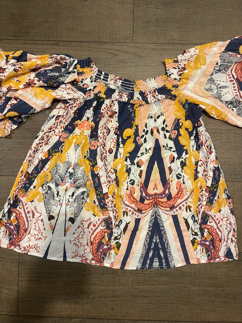Boho Paisley Baroque Off Shoulder Smocked Ruffle Top Blouse Rayon Size L/XL⁠